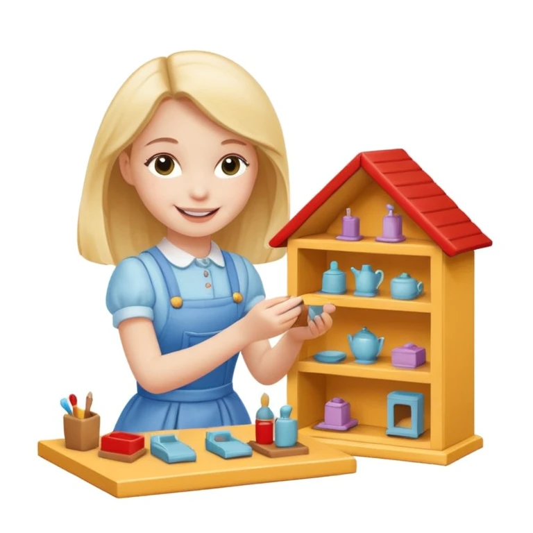 smiling girl arranging furniture in doll house emoji