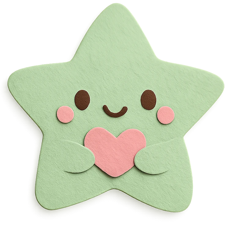 An adorable pastel green star holding a tiny pastel heart, no arms or legs, full body, transparent background, in kawaii paper craft style. emoji
