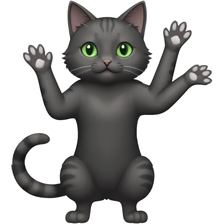 full body gorgeous solid dark grey cat with green eyes, white paws and white whiskers reaching for something emoji