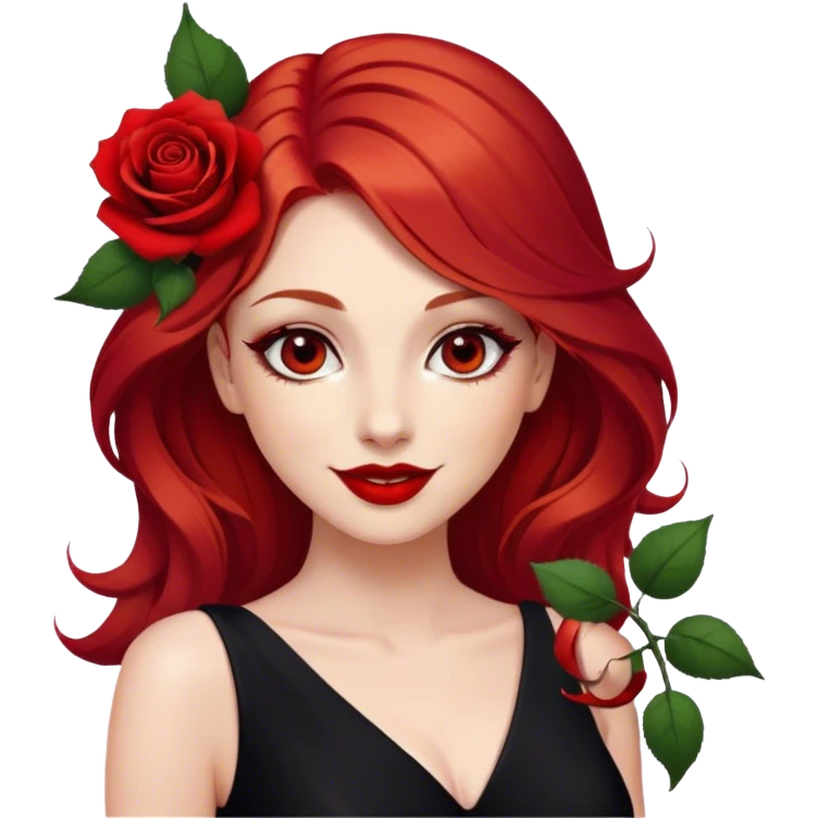a beautiful angry woman with red hair and red eyes. The woman wear a black little cutted dress. She have red lipstick and she have a seductive look and smile. She have a rose flower in her hair emoji