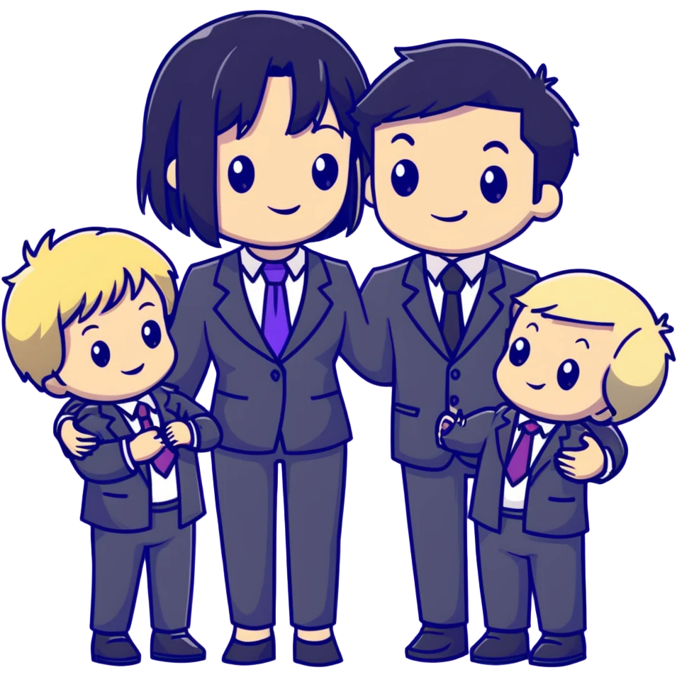 The Parr family from Incredibles in civilian clothes - Bob in business suit, Helen in casual clothes, Violet teen with black hair, Dash blonde boy, baby Jack-Jack emoji