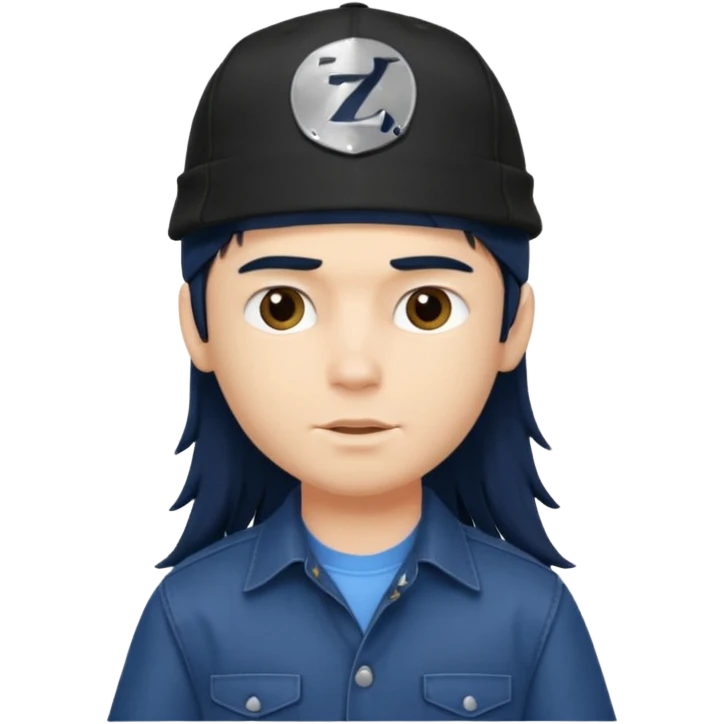 generate a pretty bratz boy wearing a dark blue button up shirt, long black mullet hair. 

Dark blue cap on head emoji