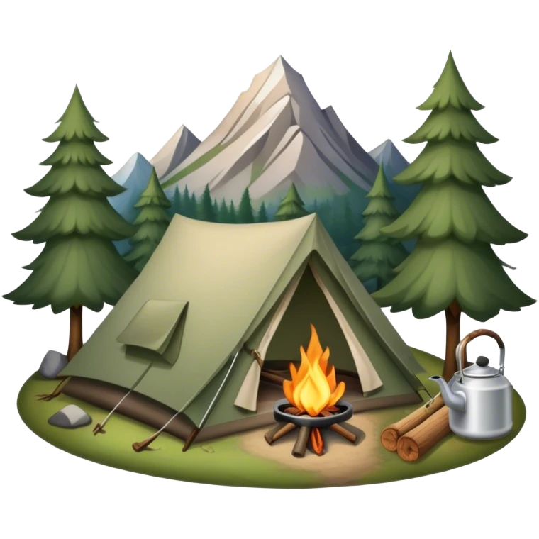Icon for Hiking: a tent, and a kettle over a campfire, surrounded by trees and a mountain trail, a backpack, a walking stick. The icon should capture the adventure and warmth of camping. Transparent background. emoji
