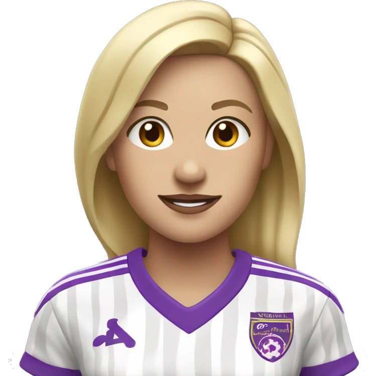 a blonde woman in white soccer jersey with purple pinstripes emoji