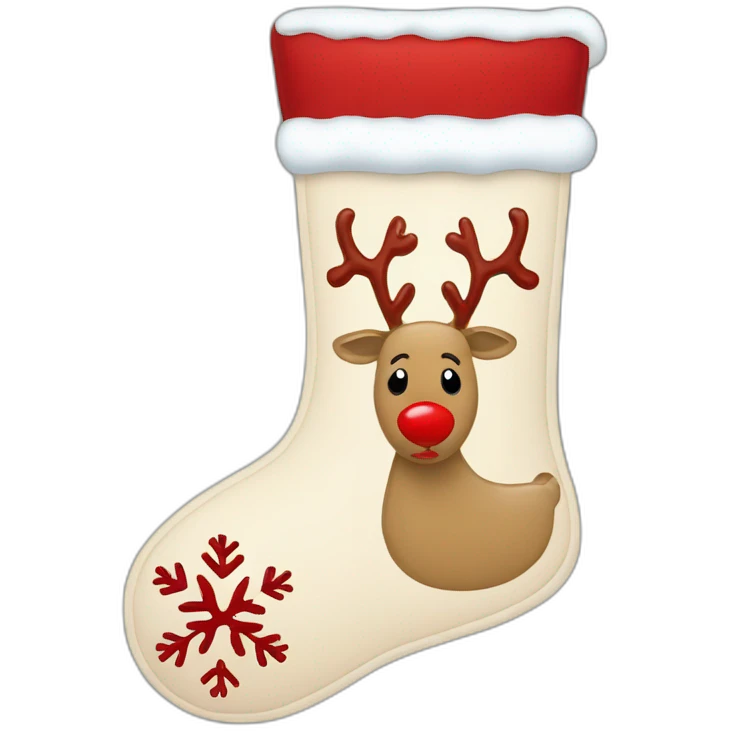 A beige Christmas stocking with red snowflakes and a reindeer drawn on it. The reindeer has a red nose. emoji