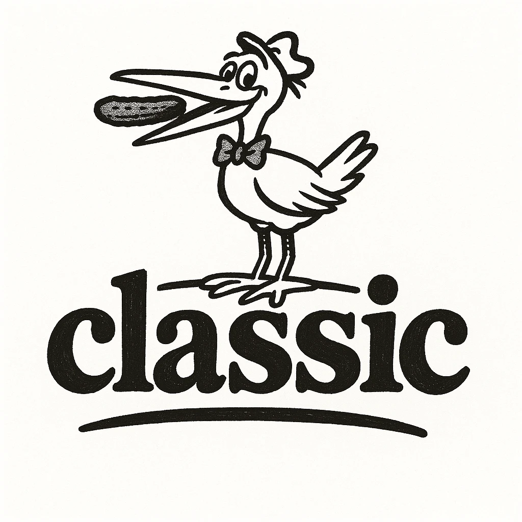Enhance the sign and overall design to look more like the Vlasic pickle logo, including using a font that closely matches the Vlasic logo's font. Add the iconic Vlasic stork mascot perched on or near the sign. Maintain the hand drawn doodle style and keep the word 'classic' visible. The original style is hand drawn doodle, so keep the look consistent with that style. emoji