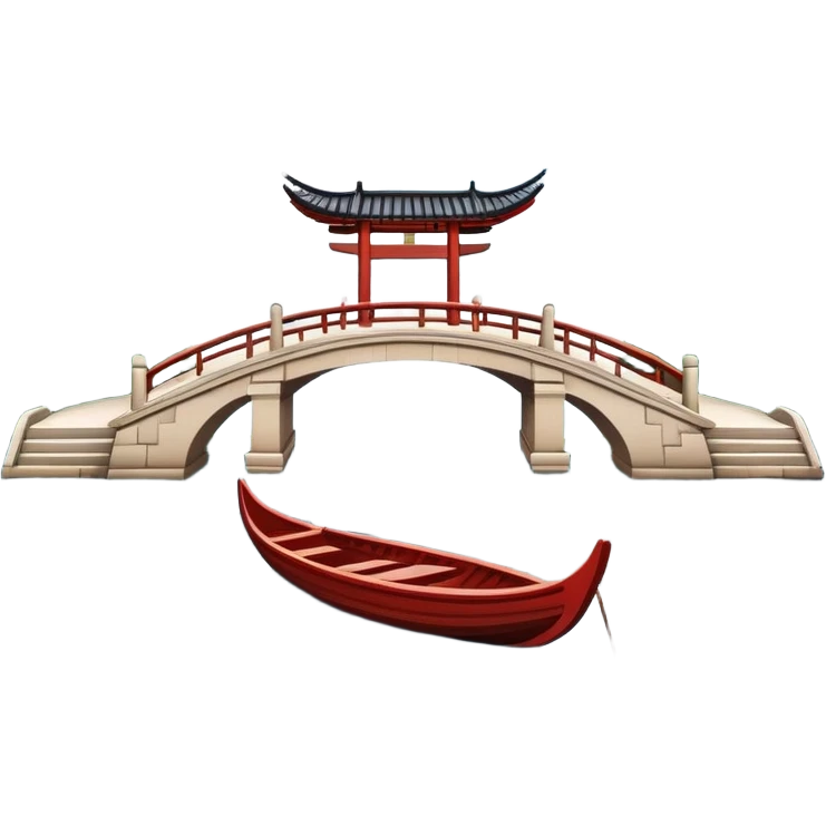 West Lake with Broken Bridge and small boat, Hangzhou, symmetrical composition, simplified emoji style with bold outlines, traditional Chinese arch bridge over water with a small wooden boat beneath emoji