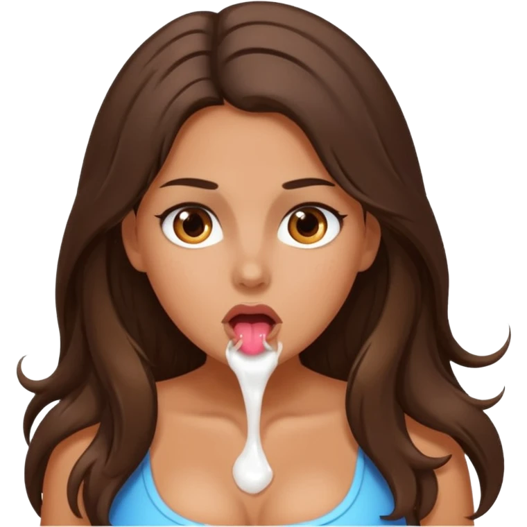 Tanned brunette with long hair, brown eyes and big boobs blushing with white goo coming out of her mouth emoji