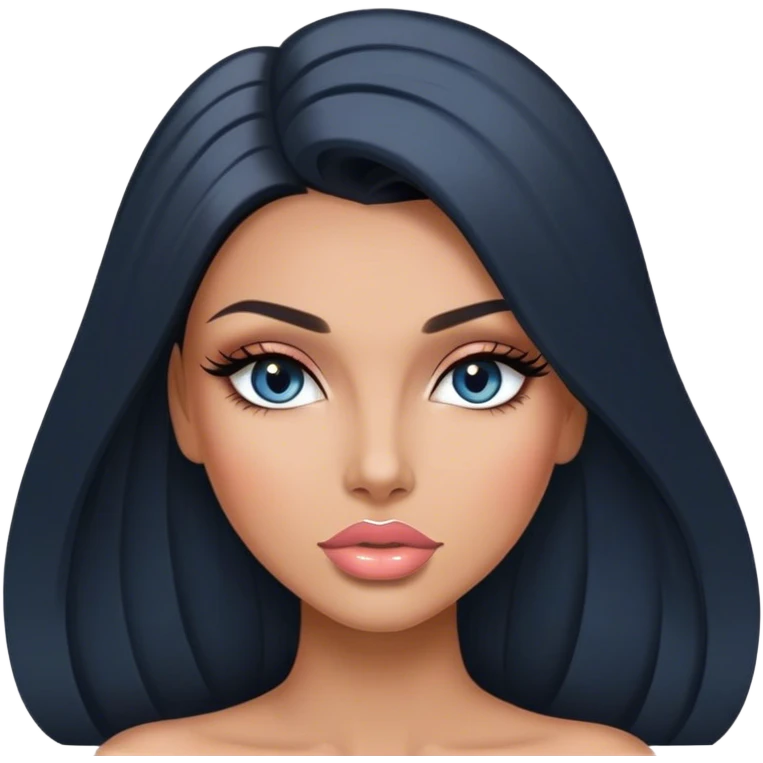 Glamours, tanned, very beautiful girl, with big pump peach-beige-rose lips, long long lashes, black straight smooth silky long hair, straight parting hair, blue-grey eyes emoji