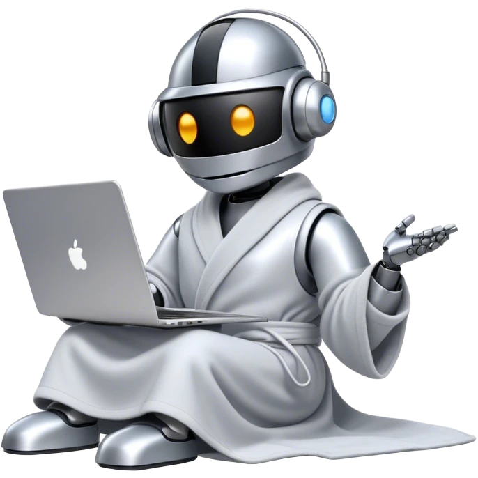 Emoji of a remote-working robot in a cozy smooth bathrobe with a laptop. The robot has a sleek helmet-like head with LED digital eyes. Relaxed yet high-tech vibe. emoji