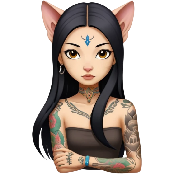 a Chinese girl with long black  straight hair and tattoos and Sphynx emoji