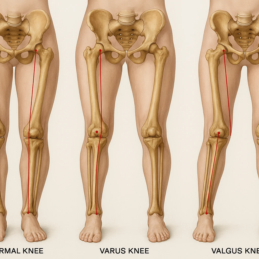 Create a hyperrealistic 4K anatomical illustration of three types of knees viewed from the front: normal knee, varus knee (bow-legged), and valgus knee (knock-kneed). Highlight the bones of the pelvis, femur, tibia, and fibula with red lines showing the mechanical axis as in the reference image. Include realistic anatomical details in a medical style with a neutral background. emoji