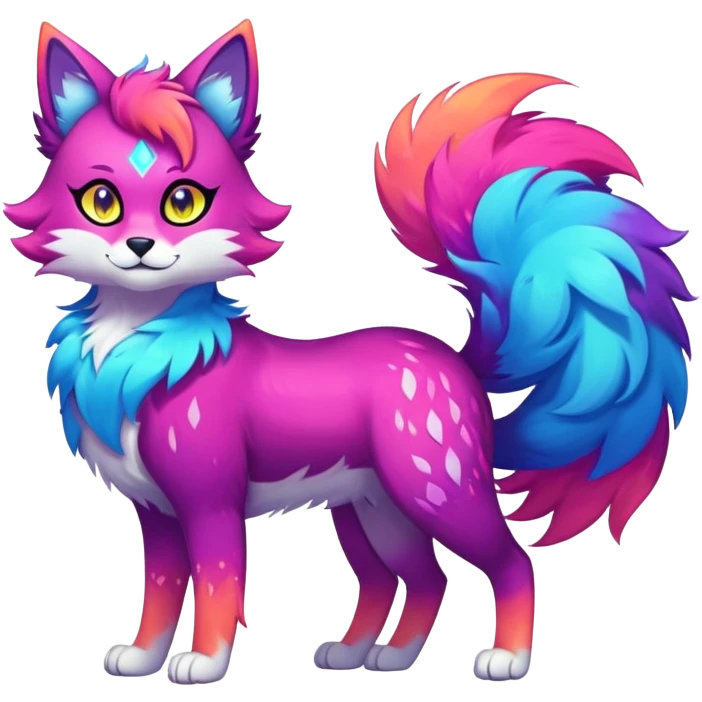Vibrant multicolored neon-colored Falvie-Fionbri-creature-sparkle-feline-canine-hybrid-fursona, full body emoji