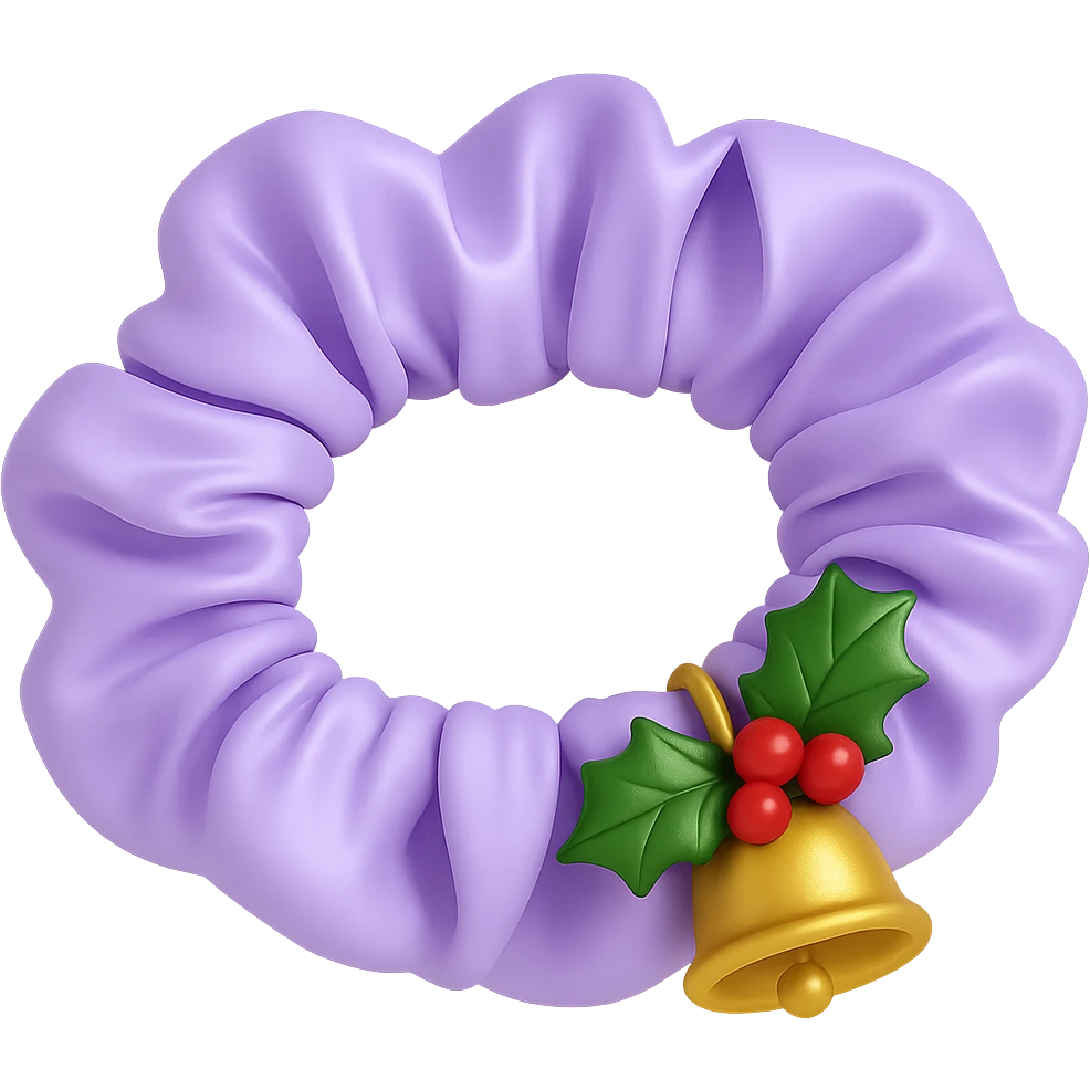 Add small holly leaves and berries next to the Christmas bell charm on the pastel purple silky scrunchie, keep the 3D emoji style and shimmer effect. Remove the background. The original style is 3D emoji style which does not support editing, so use a general style editor while respecting the 3D emoji look. emoji