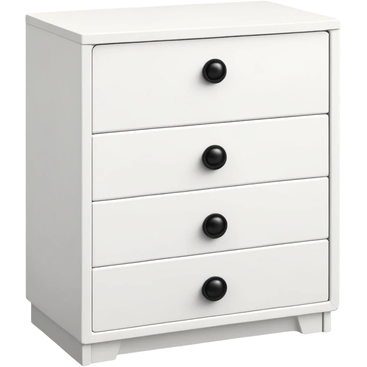 IKEA-inspired white 6-drawer chest, one tiny black knob per drawer, stacked emoji