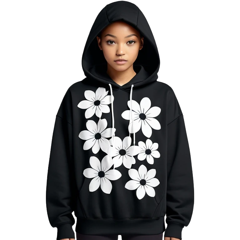 "Design a black hoodie adorned with scattered, medium-sized black and white flowers. Each flower should consist of a bold, thick white ring forming the petals, with a completely hollow center, creating an open, circular look. The flowers should have an irregular, asymmetrical shape and be evenly distributed across the hoodie, including the sleeves and hood. Keep the design minimalistic—no detailed petals, shading, or filled centers, just simple, bold, hollow ring-like floral patterns." emoji