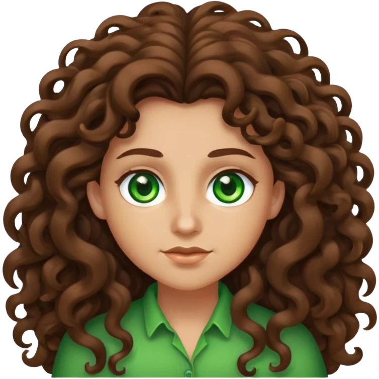 Character with extremely long massive voluminous curly brown hair and bright green eyes emoji