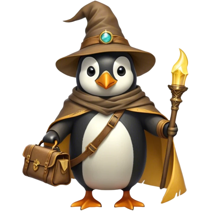 A wizard-explorer penguin inspired by Indiana Jones, wearing a weathered yellow enchanted hat and a flowing cape. It carries a leather satchel with ancient scrolls and holds a glowing magical relic. Cartoon-style, smooth shading, highly detailed, no background emoji