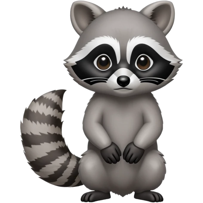 Cinematic-cute Raccoon-Realistic-hunched Full-Body on all fours-Emoji – Tail flicking lazily, head tilted dramatically, thick grey fur with a signature black mask, sharp and alert ears, simplified yet realistic focused features, highly detailed, glowing with an almost sarcastic glow big black eyes realistic body emoji