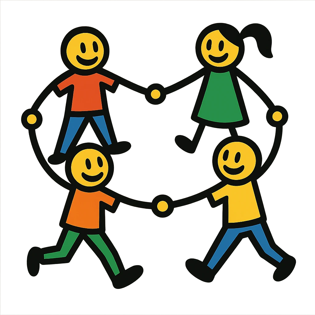 vibrant toon style stick figure humans standing in a circle, holding hands, unity, energetic emoji