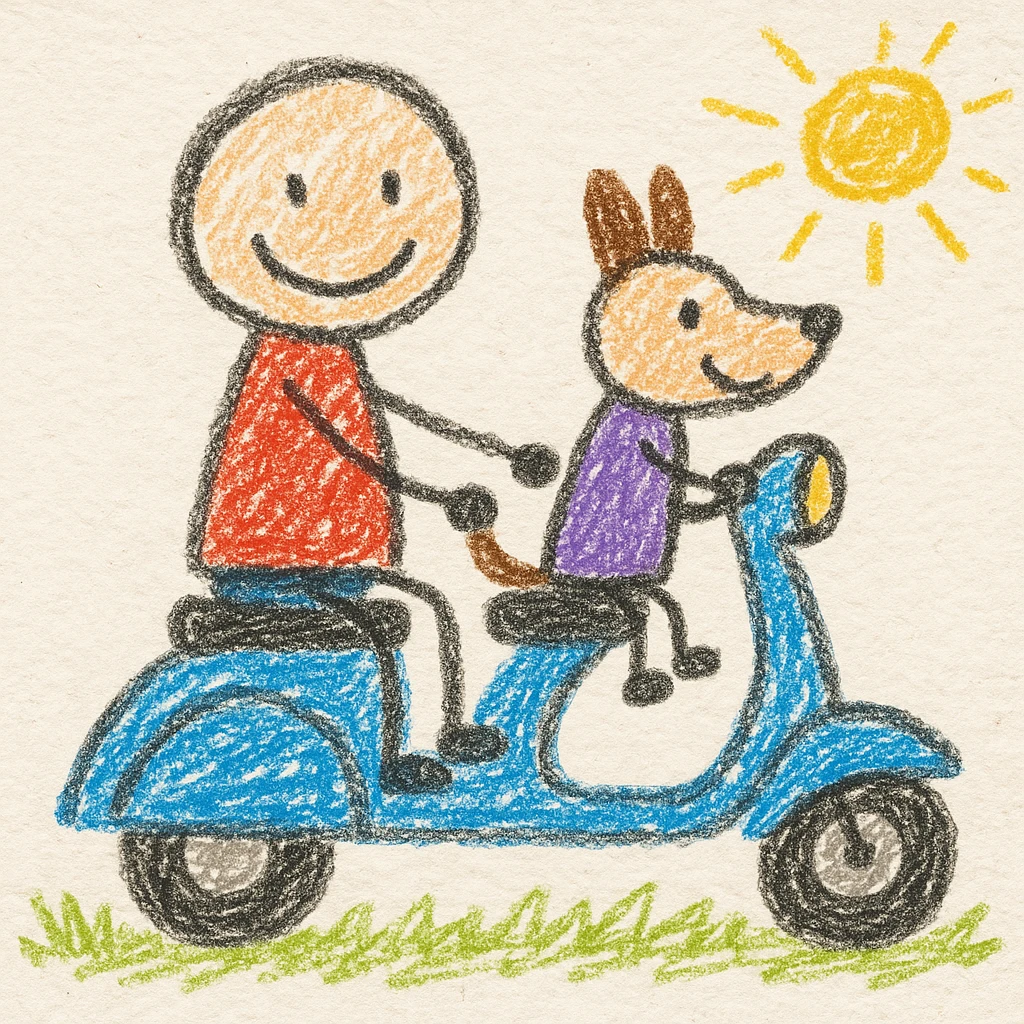 man and his pet dog riding a vespa emoji