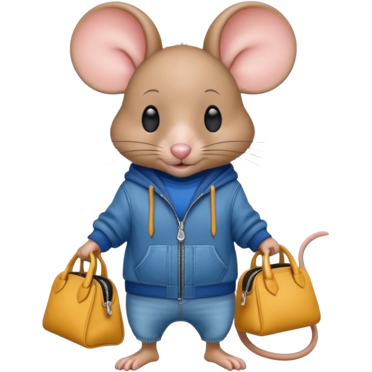 A fashionable mouse in wide jeans and a zip hoodie with a Balenciaga bag emoji