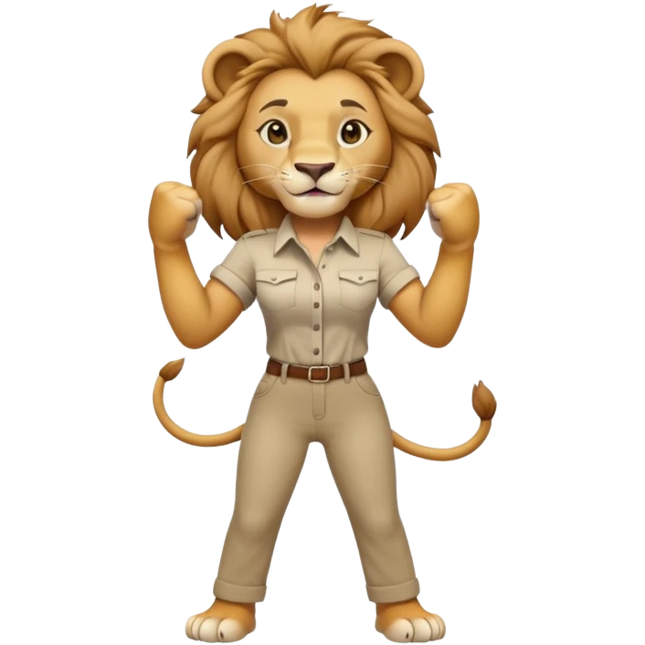 friendly anthropomorphised female lion in a shirt and pants doing a fist pump emoji