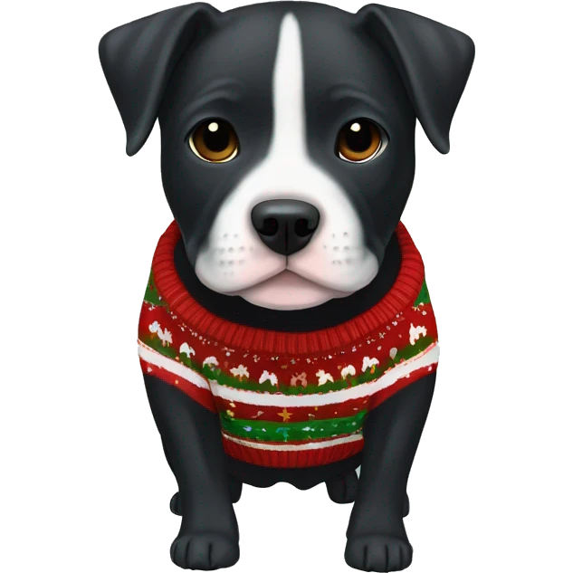Little Staffordshire bullterrier black puppy in cute Christmas sweater emoji