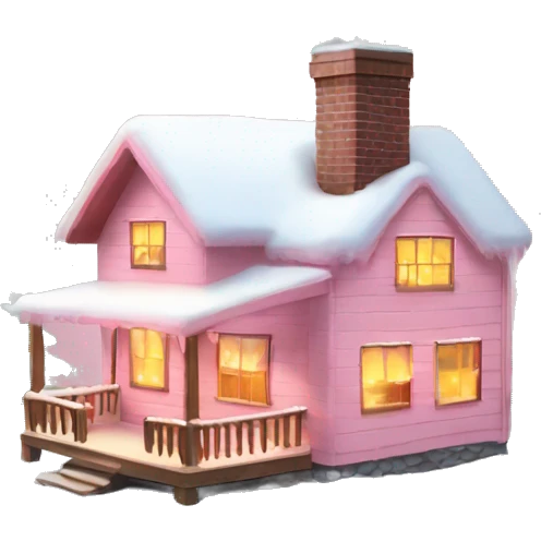 light pink cabin with snow with lights with smoking chimney and pink christmas tree emoji