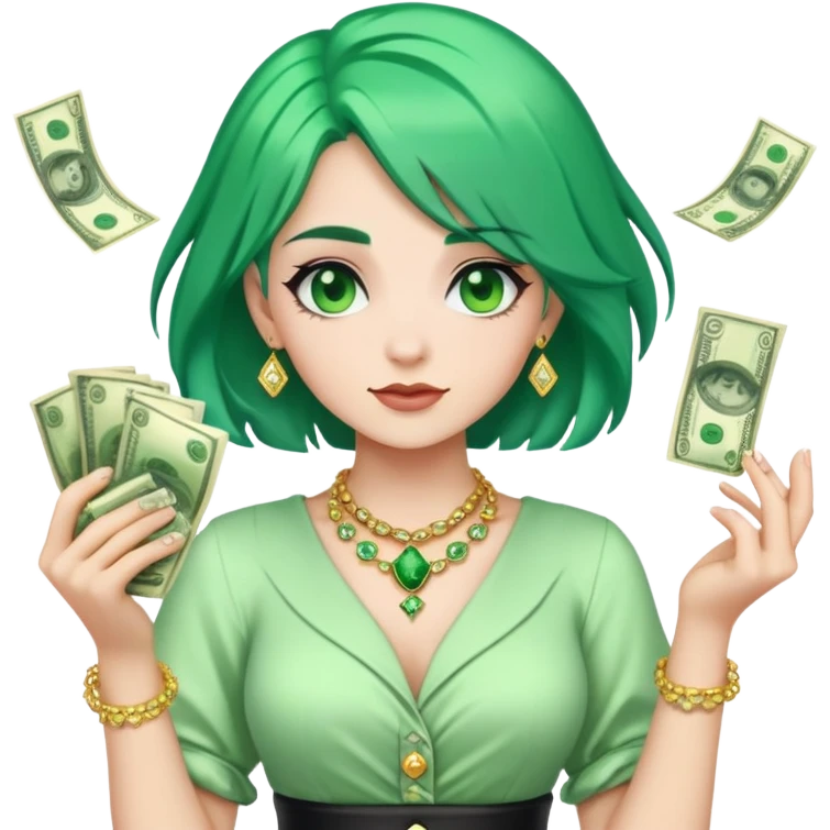 One girl dressed in money, with green hair, and fancy jewelry throwing money emoji