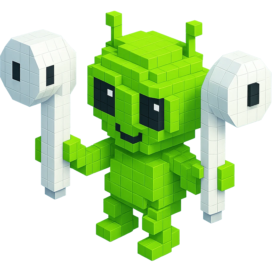 white EarPods headphones with a playful twist, floating in space, with a cartoonish alien holding them emoji