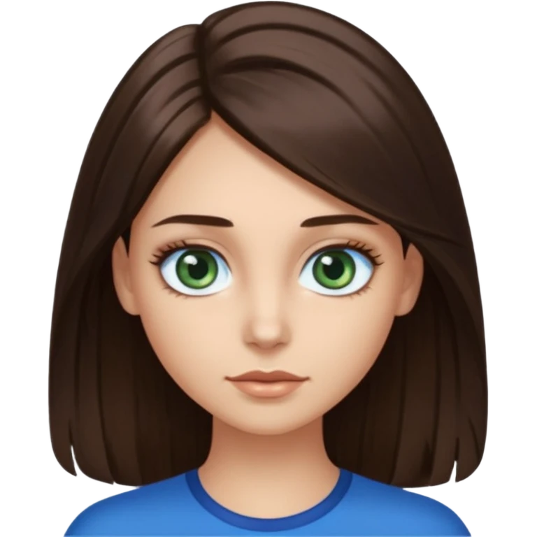 long dark brown hair with highlights in the front, big blue eyes clear skin with neck and green top on add long eyelashes emoji