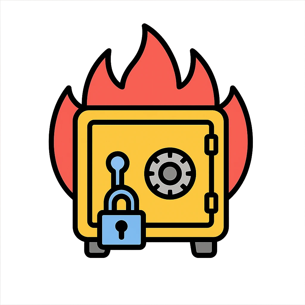 closed safe at the center of flames, solid padlock, epic atmosphere, colorful icon with black outlines emoji