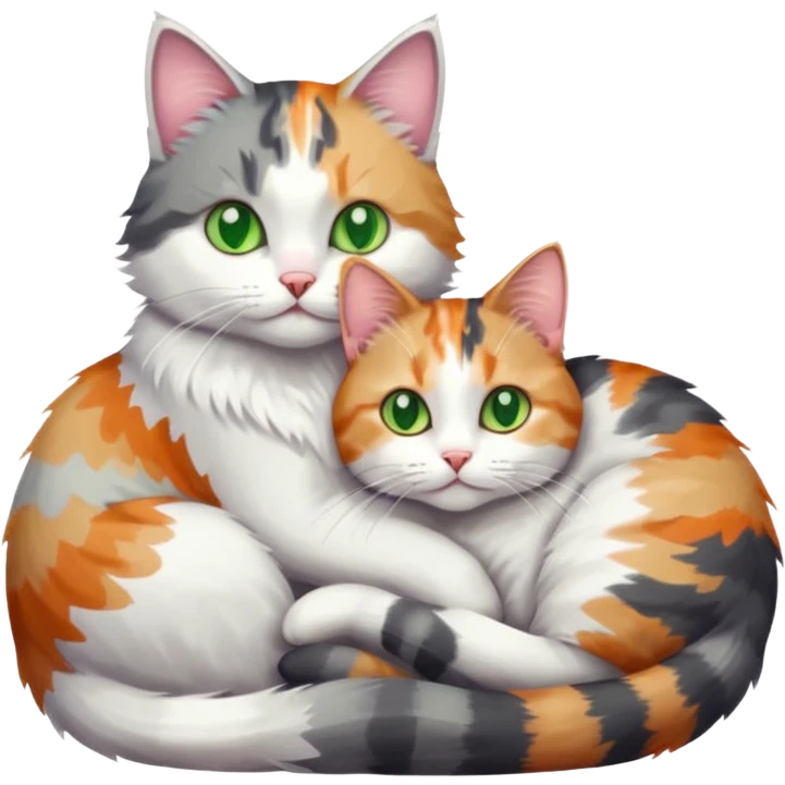 grey and white cat cuddling a colourful light patched calico + white tabby cat emoji