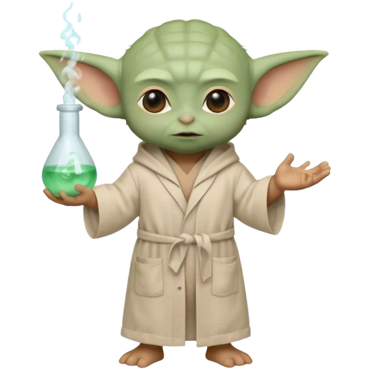 A full-body Baby Yoda figure in his light brown linen robes, dressed as a scientist. Place a white lab coat over his robes, and make sure his skin tone is olive or seafoam green, with slightly pinkish tones on his ears emoji