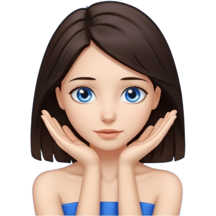 Girl with dark brown hair thats about shoulder lenght with blue eyes covering their neck with two hands without clothes emoji