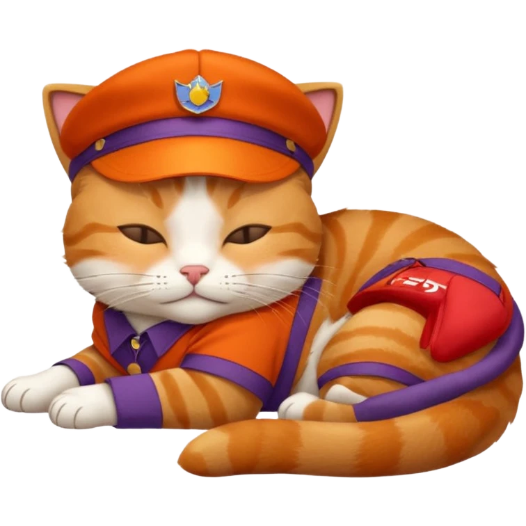 emoji of sleeping cat, its pose is lying, it has on his head FedEx uniform cap, red color emoji