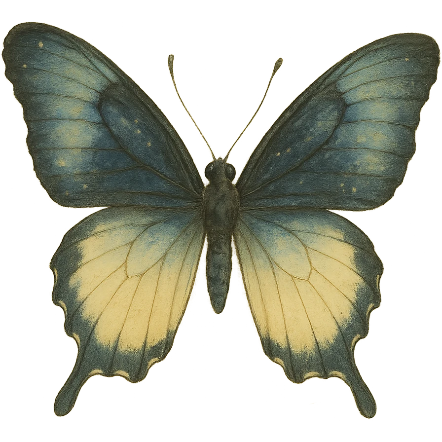 realistic whimsical black, blue and cream butterfly, natural colors, soft, fairy-like atmosphere, no background, square size emoji