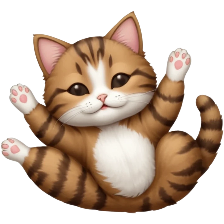 dark brown tabby and white small cat in funny positions upside down with eyes closed emoji