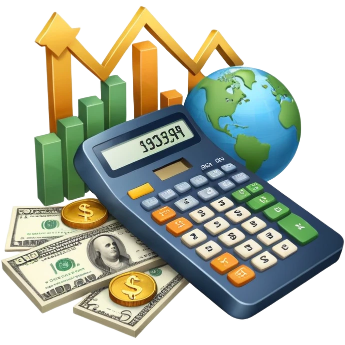 An icon featuring a calculator, a dollar sign, and a chart with upward trends, symbolizing economics. The design includes coins, bills, and a globe, representing global trade and financial systems. Transparent background highlights the study of markets, supply, and demand. emoji