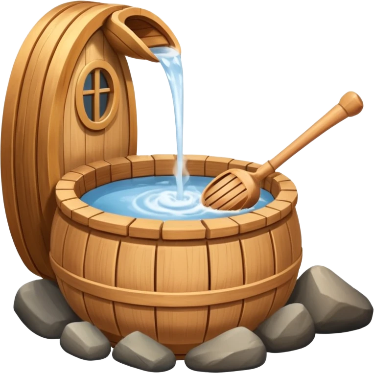 Ladle pouring water onto sauna rocks with steam emoji