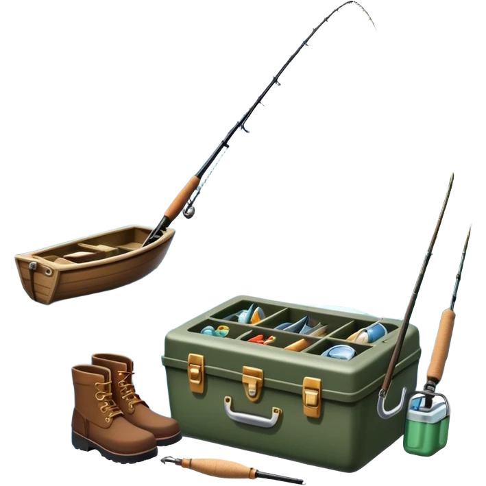 Icon for Fishing: a boat on the shore of a peaceful water body with a beautiful natural landscape, a fishing tackle box, a spinning rod, and boots nearby. The icon should capture the tranquility and gear of a fishing adventure. Without frame. Transparent background. emoji