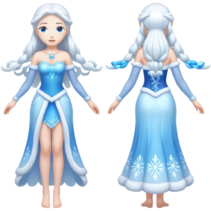 An ice Snow Maiden character with two arms and two legs, full body, front view, back view, side view, three-quarter view, consistent character design, translucent ice material, winter fairy tale style. emoji