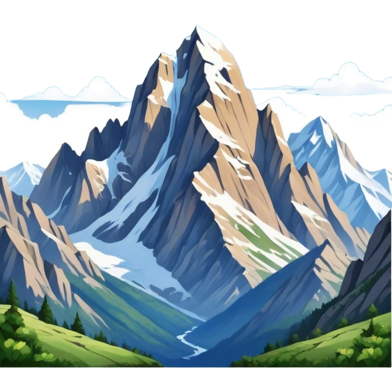Cinematic Realistic Mountain Emoji, Majestic and towering, with craggy, snow-capped peaks rising sharply against a deep blue sky. The rugged terrain is dotted with rocky outcrops and patches of greenery, with clouds swirling around the higher reaches. Soft glowing outline, capturing the essence of ancient strength and natural beauty in a towering mountain! emoji