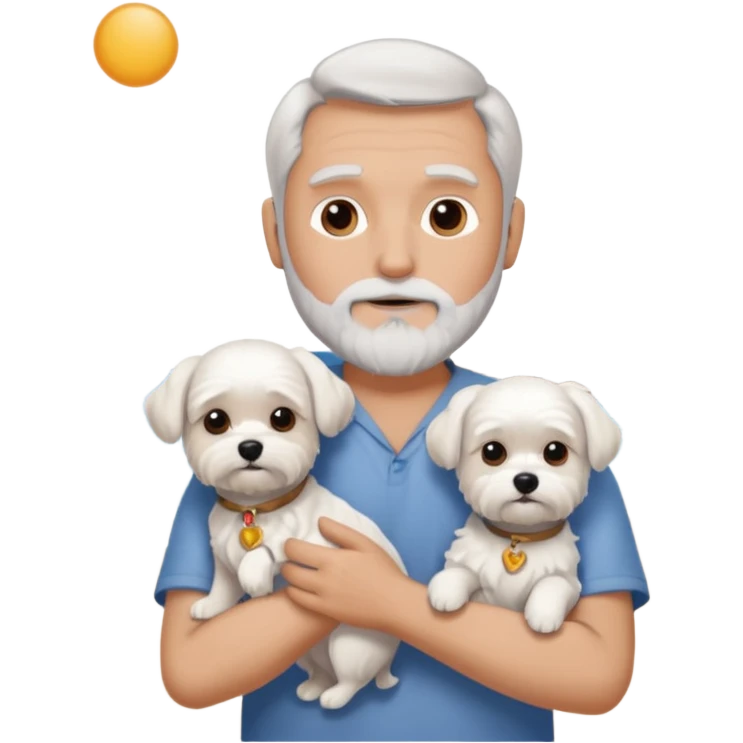 white man grey and white hair beard holding a white Maltese on a beach emoji