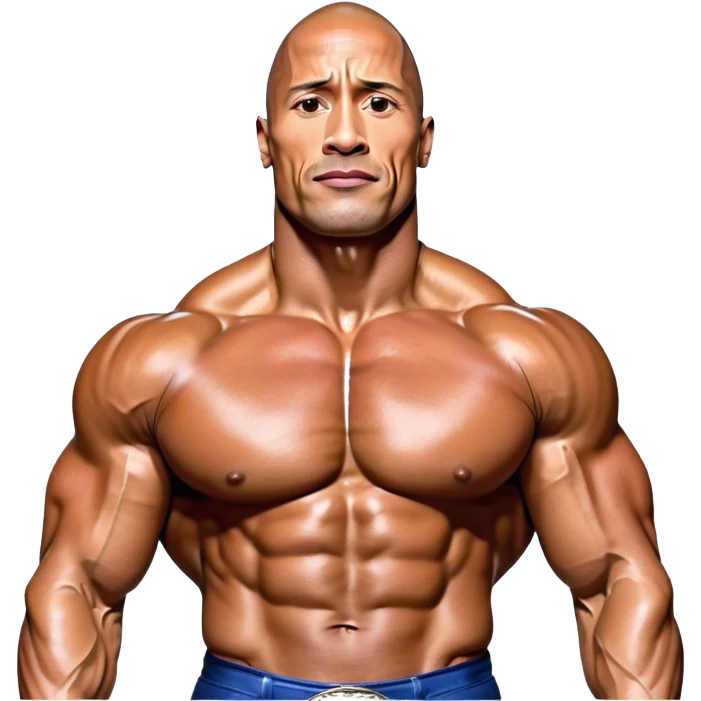 Dwayne 'The Rock' Johnson on stage at the Mr. Universe bodybuilding competition, covered in oil, flexing his powerful muscles. His physique shines under bright stage lights, showcasing his strength and dedication. The audience and judges are blurred in the background. Transparent background. emoji