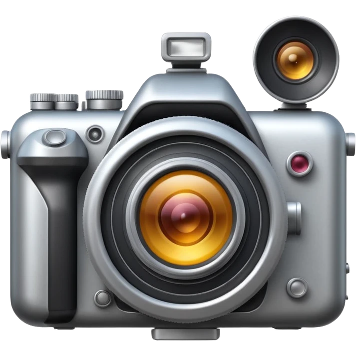 Minimal emoji icon of a huge cinematic metalic camera, front view, realistic lens, no gold emoji