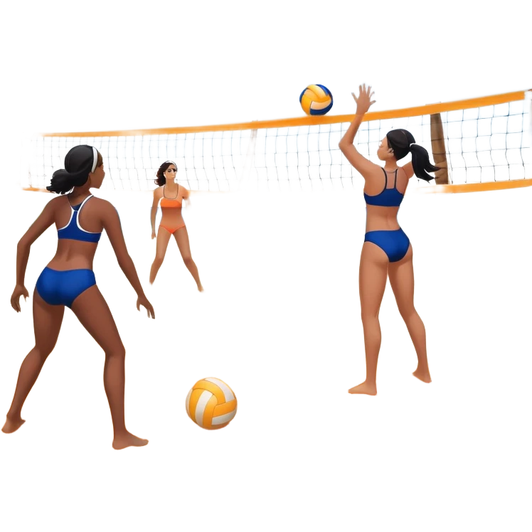 A volleyball resting on the orange sand of a beach, with a volleyball net in the background. The scene includes a beautiful beach landscape with blue sea, sky, and palm trees, while a couple of women in swimsuits play in the distance, capturing the relaxed yet competitive vibe of beach volleyball. emoji