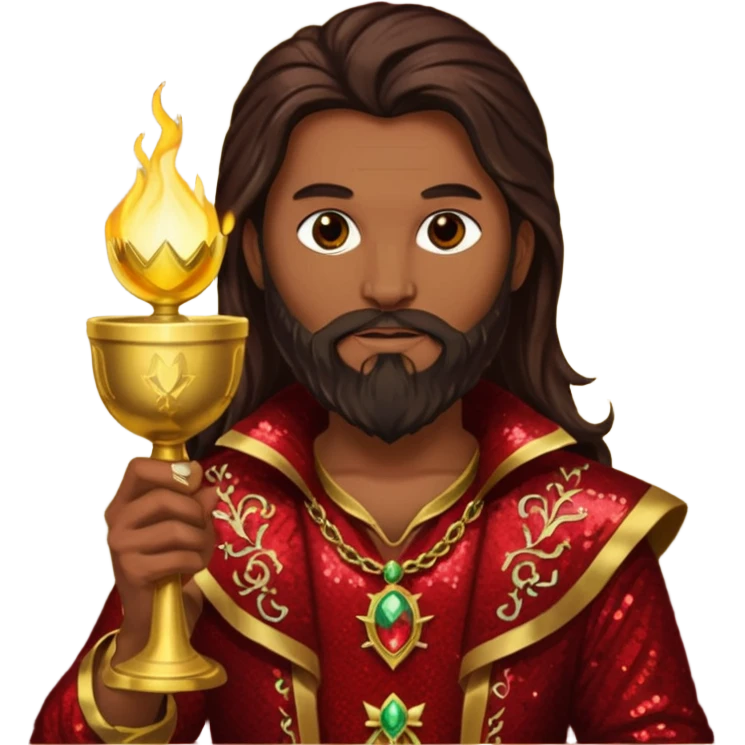 Samael, Poison of God from Gods and Goddesses with tan skin, long dark brown and beard, dark red sequin outfit emoji