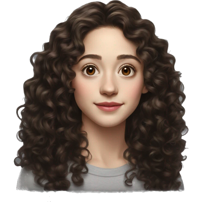 Emmy Rossum Teenager long dark brown curly hair, hyperreal photoreal portrait emoji